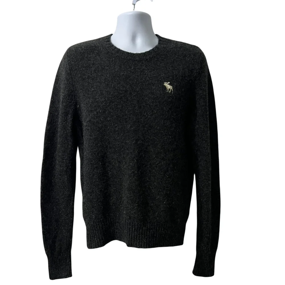 Abercrombie‎ & Fitch Mens Wool Muscle Crewneck Sweater Grey Moose Logo Large